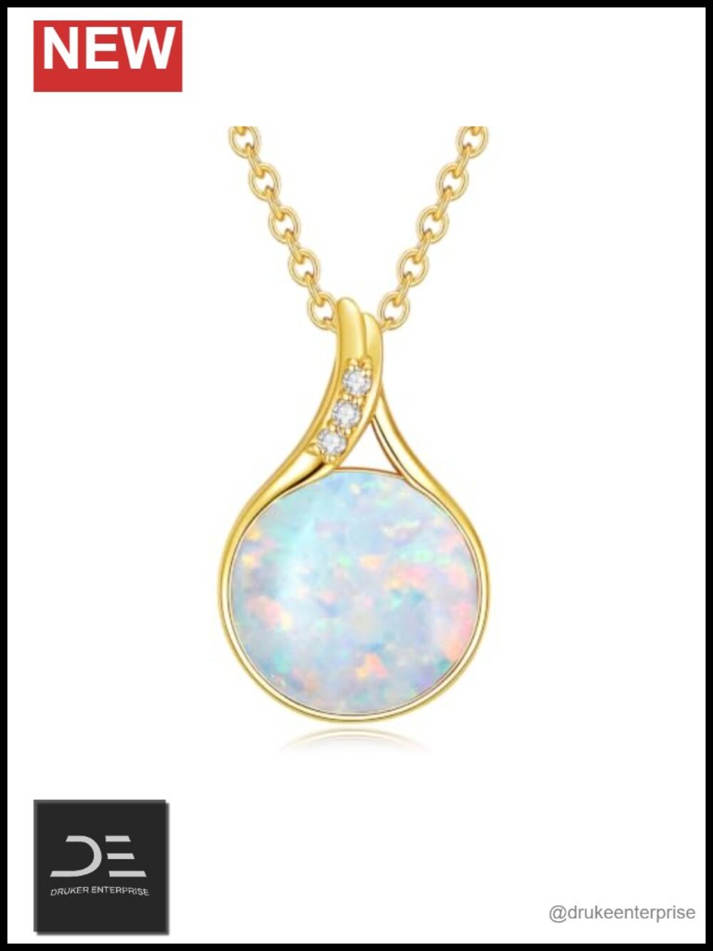 14K Solid Gold White Opal Pendant Necklace with Genuine Diamond, Dainty